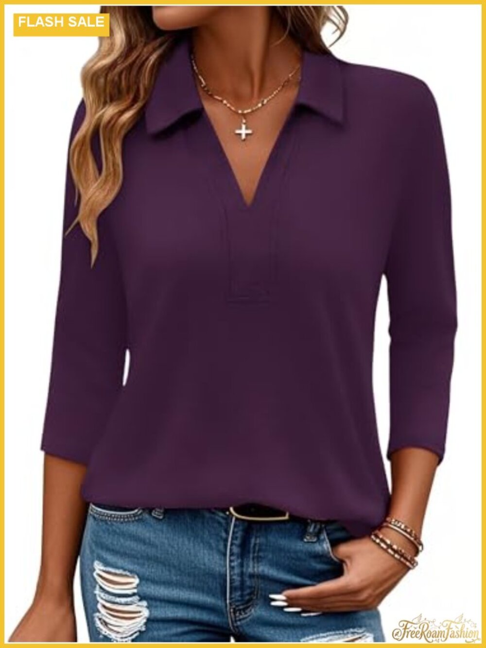 Women's 3/4 Sleeve V-Neck Collared Polo Shirt Business Casual Work Top